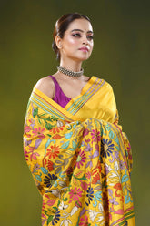 Handcrafted canary yellow silk kantha work saree multi-thread floral 2