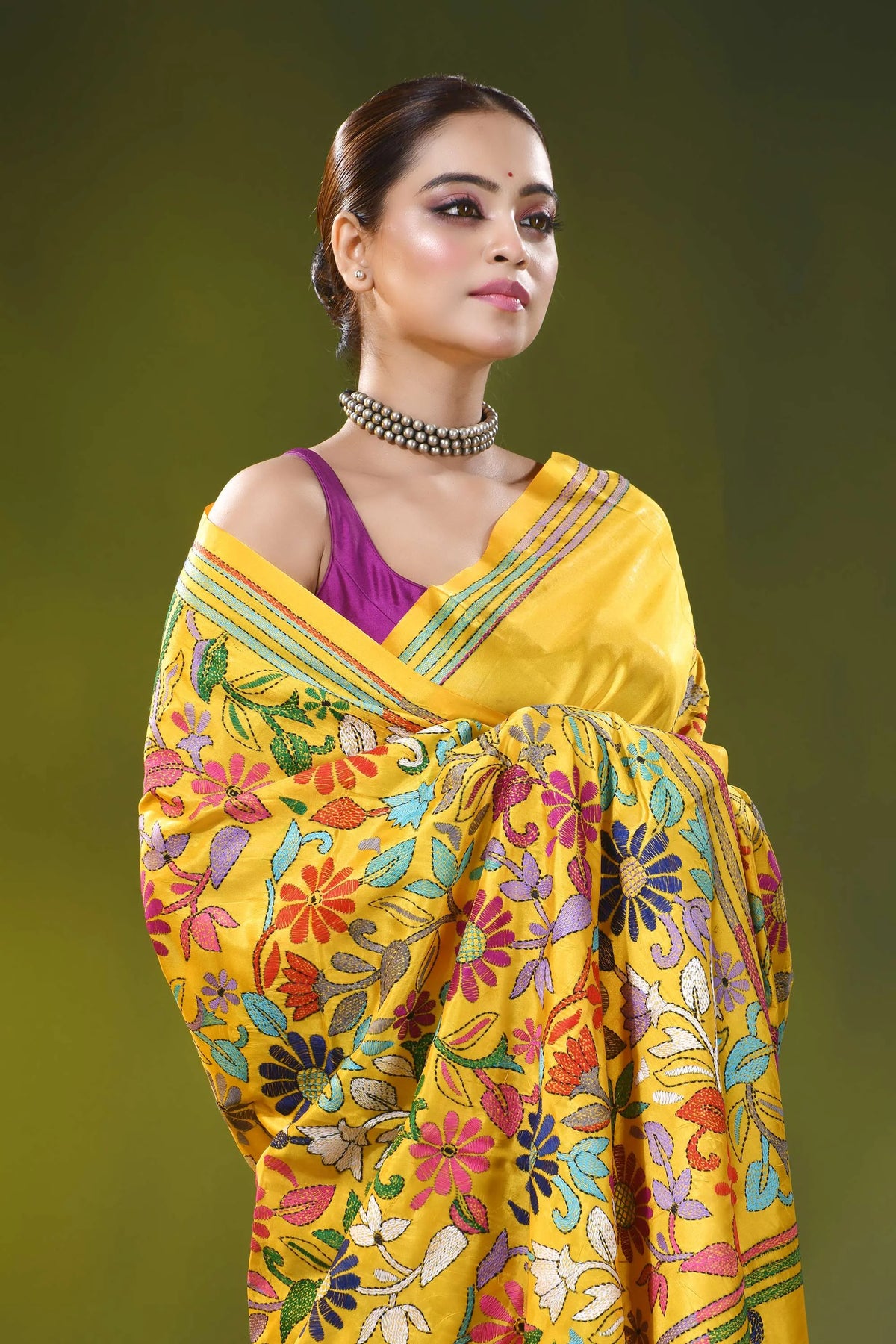 Handcrafted canary yellow silk kantha work saree multi-thread floral 2