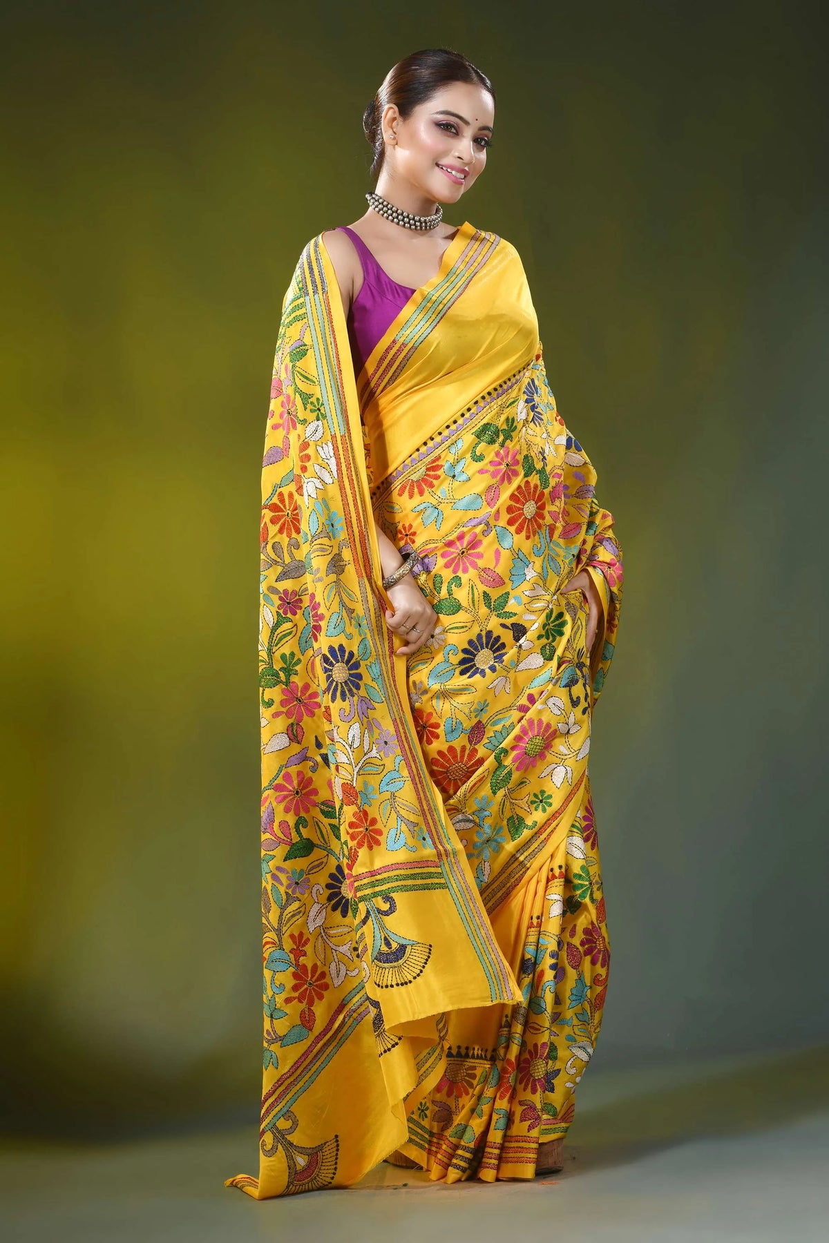 Handcrafted canary yellow silk kantha work saree multi-thread floral 4