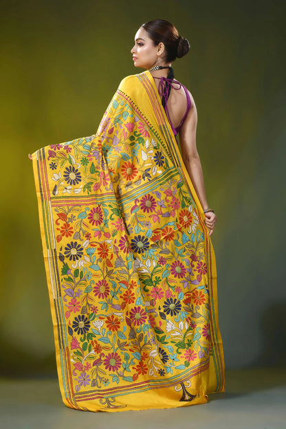 Handcrafted canary yellow silk kantha work saree multi-thread floral 5