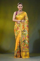 Handcrafted canary yellow silk kantha work saree multi-thread floral 1