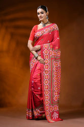 Handcrafted coral red kutch work silk saree geometric ethnic design 6