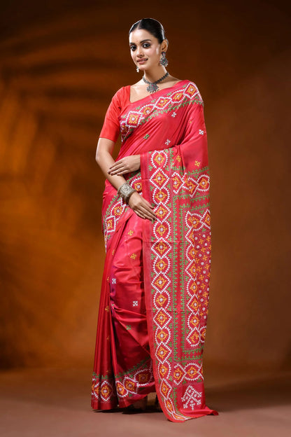 Handcrafted coral red kutch work silk saree geometric ethnic design 6