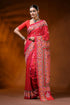 Handcrafted coral red kutch work silk saree geometric ethnic design 1