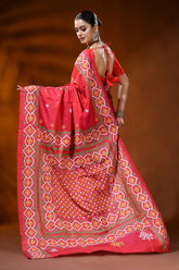 Handcrafted coral red kutch work silk saree geometric ethnic design 5