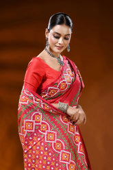Handcrafted coral red kutch work silk saree geometric ethnic design 2