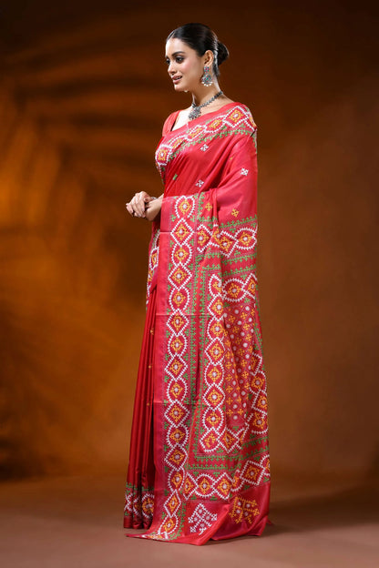 Handcrafted coral red kutch work silk saree geometric ethnic design 3