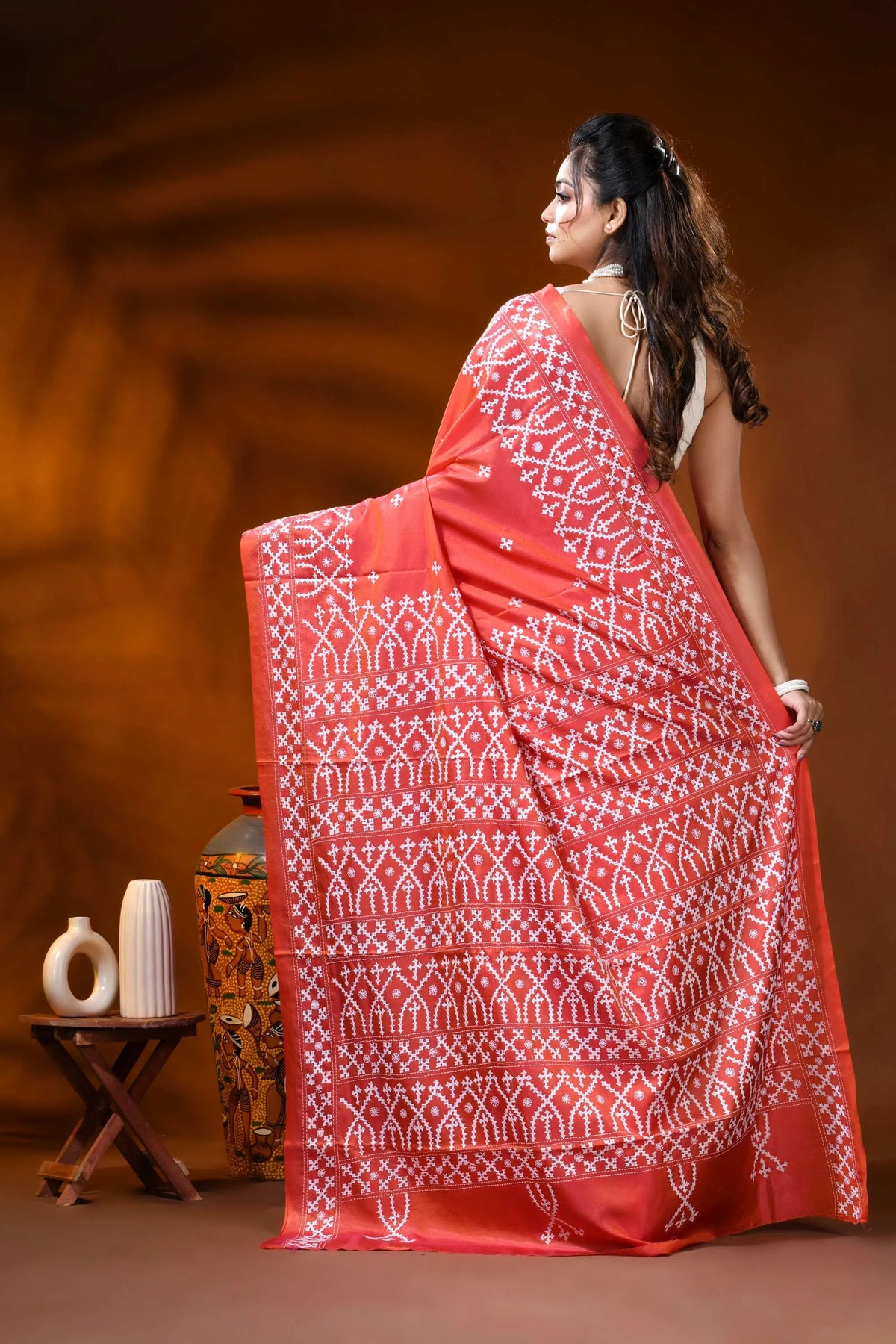Handcrafted coral red silk kutch work saree with ethnic motifs 5