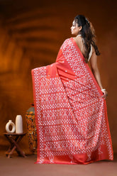 Handcrafted coral red silk kutch work saree with ethnic motifs 5