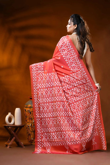 Handcrafted coral red silk kutch work saree with ethnic motifs 5
