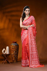 Handcrafted coral red silk kutch work saree with ethnic motifs 6