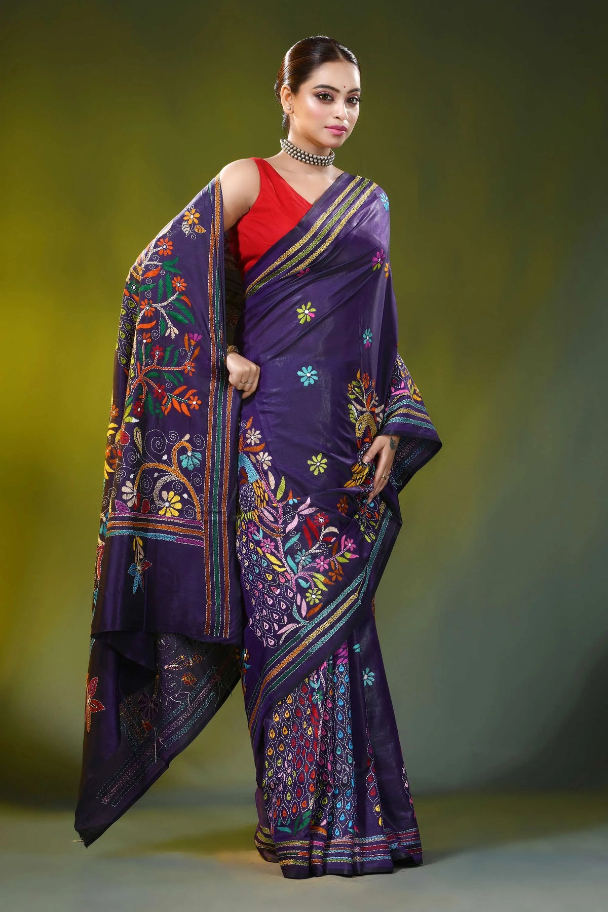 Handcrafted dark purple silk kantha work saree with peacock floral 6