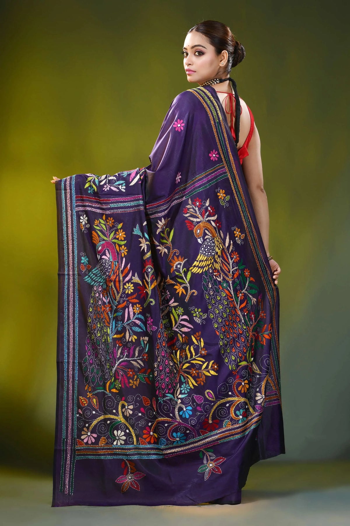 Handcrafted dark purple silk kantha work saree with peacock floral 5