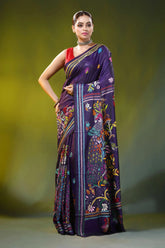 Handcrafted dark purple silk kantha work saree with peacock floral 8
