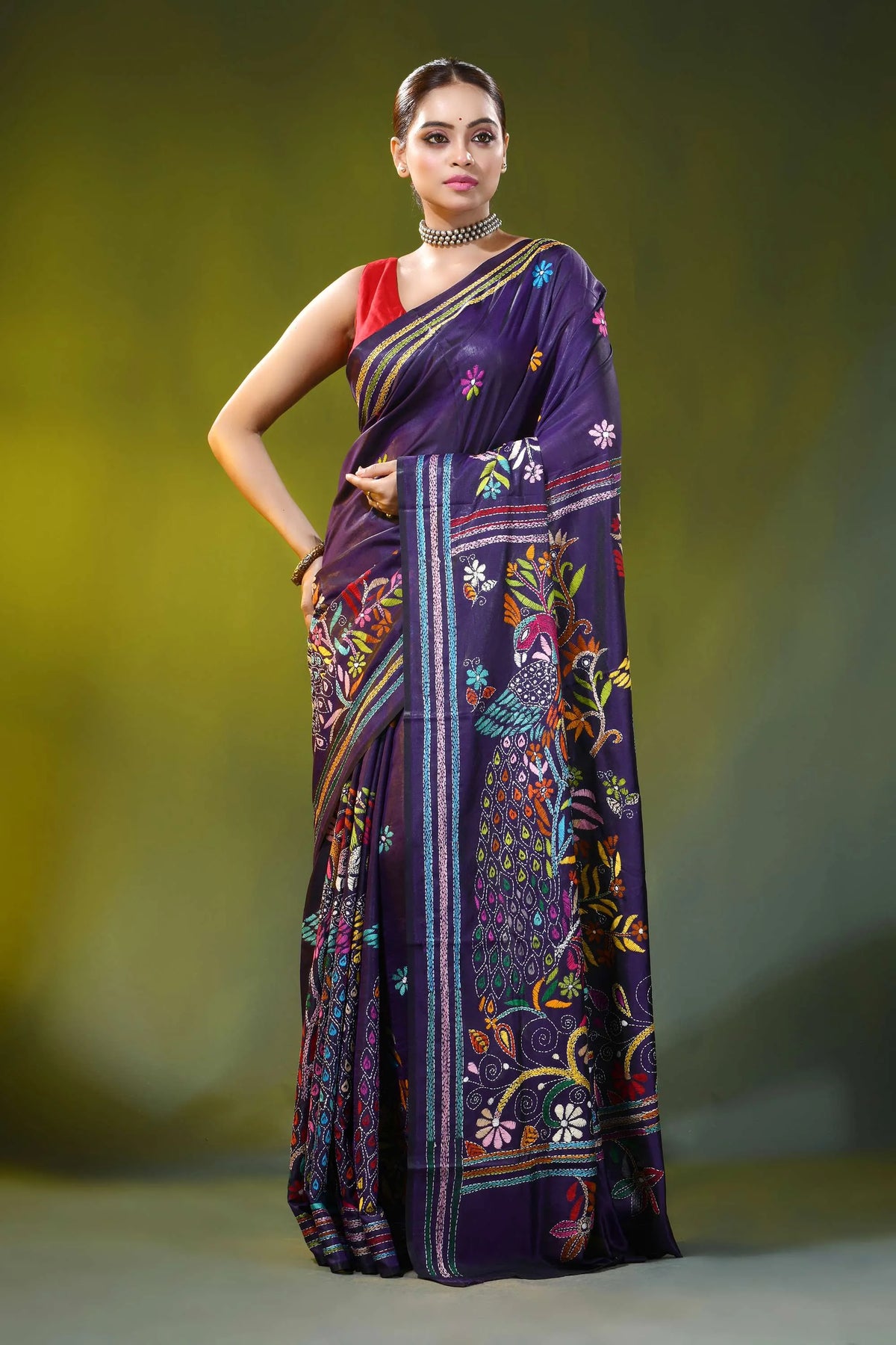 Handcrafted dark purple silk kantha work saree with peacock floral 8