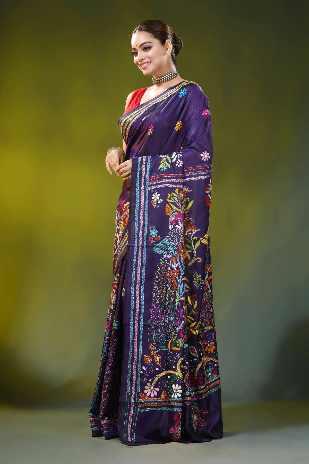 Handcrafted dark purple silk kantha work saree with peacock floral 4
