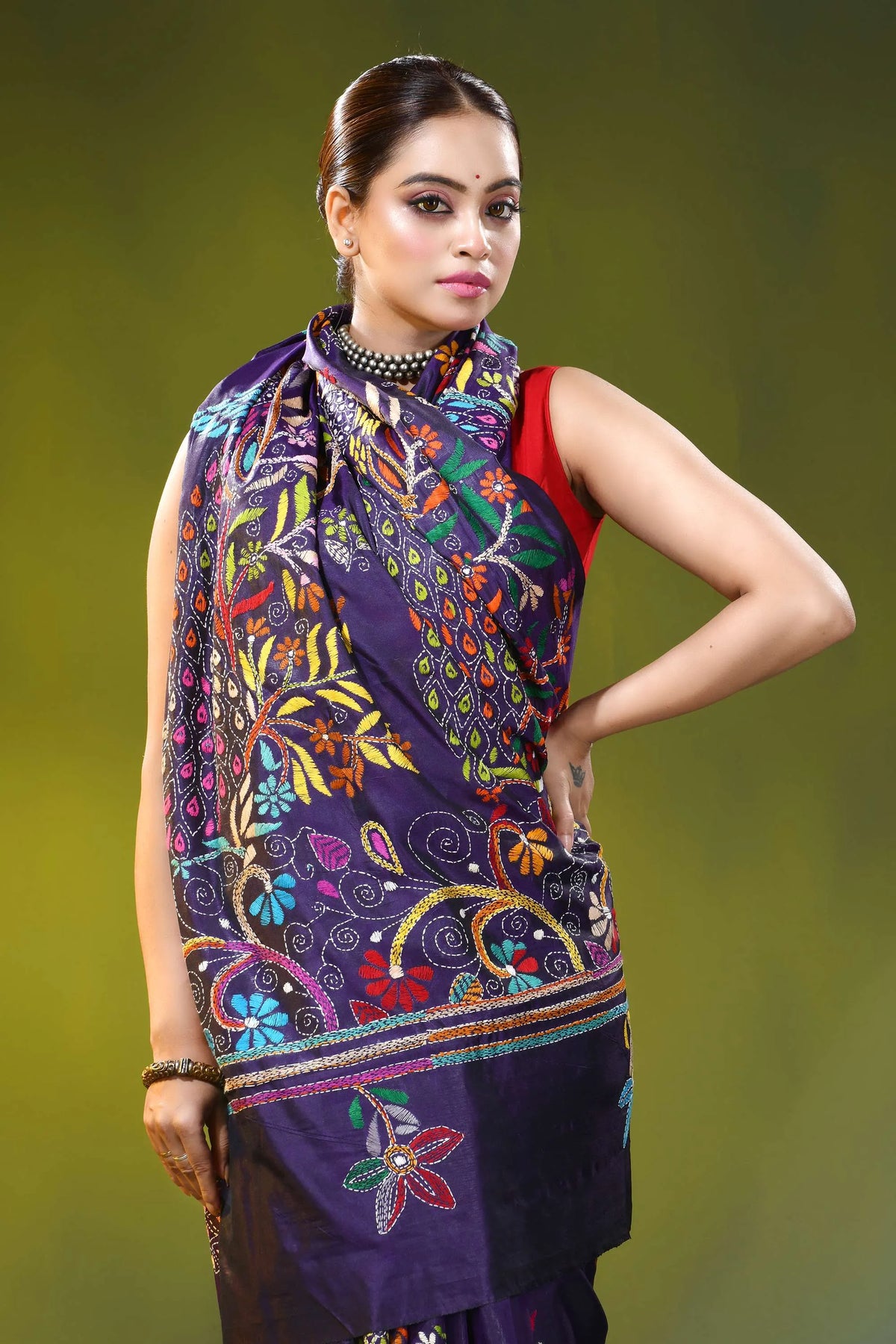 Handcrafted dark purple silk kantha work saree with peacock floral 2