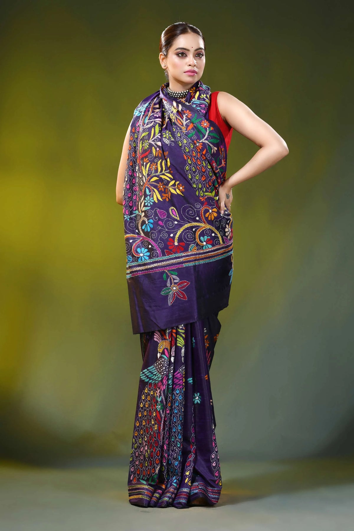 Handcrafted dark purple silk kantha work saree with peacock floral 3