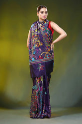 Handcrafted dark purple silk kantha work saree with peacock floral 3