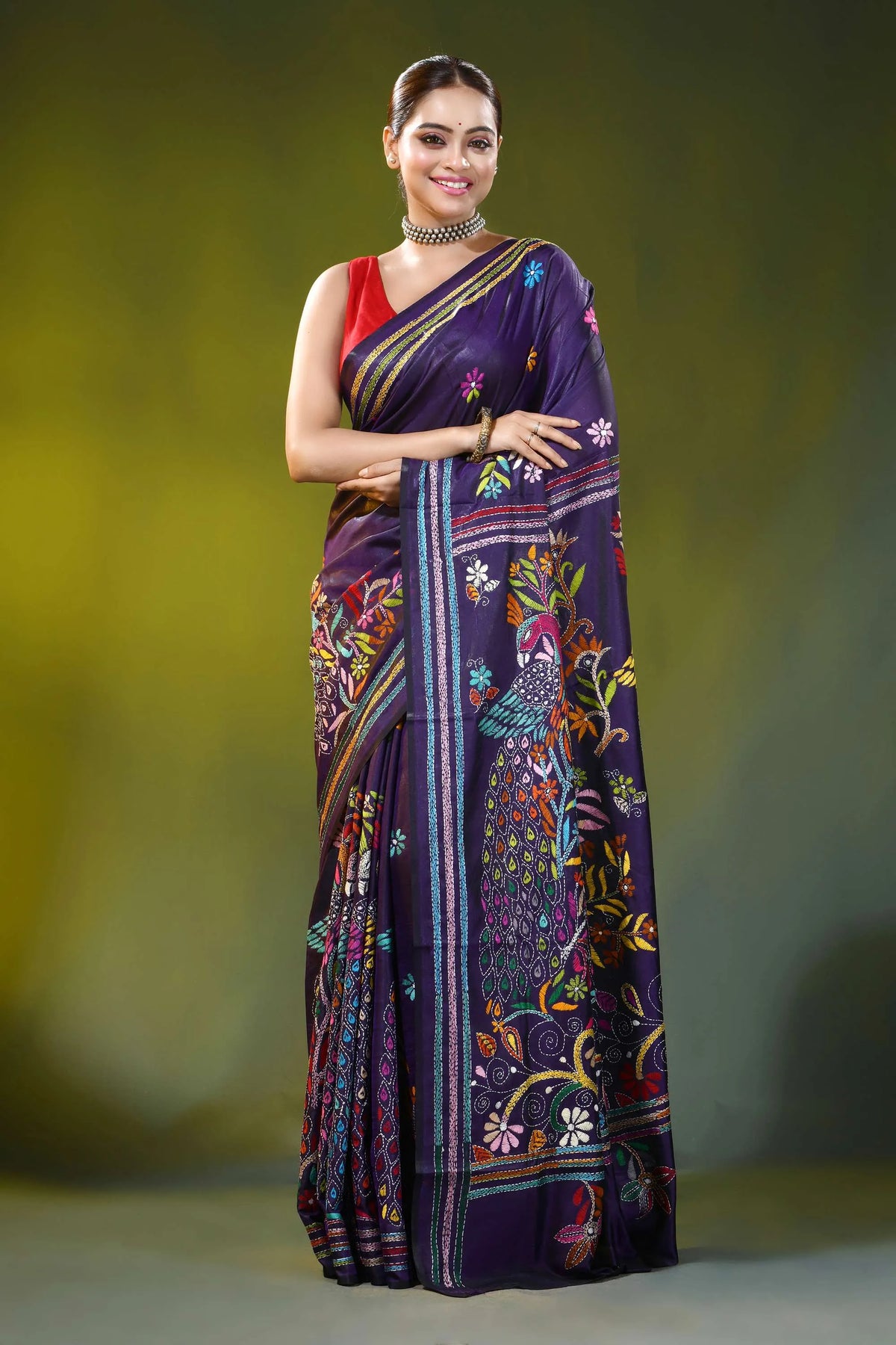 Handcrafted dark purple silk kantha work saree with peacock floral 1