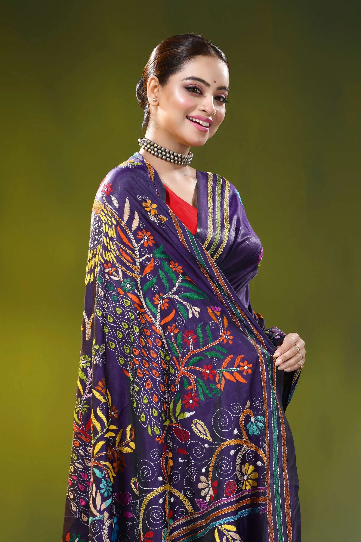 Handcrafted dark purple silk kantha work saree with peacock floral 7