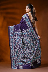 Handcrafted deep purple silk kutch work saree with aqua ethnic motif 5