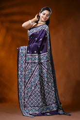 Handcrafted deep purple silk kutch work saree with aqua ethnic motif 4