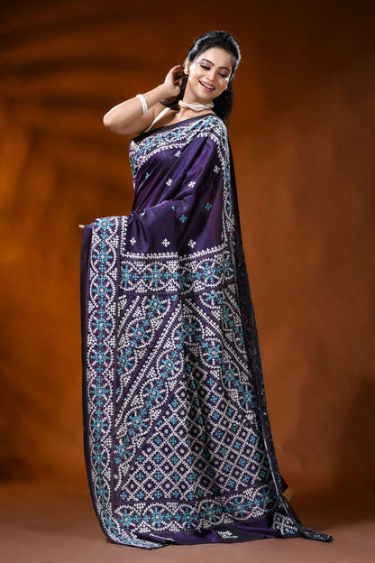 Handcrafted deep purple silk kutch work saree with aqua ethnic motif 4