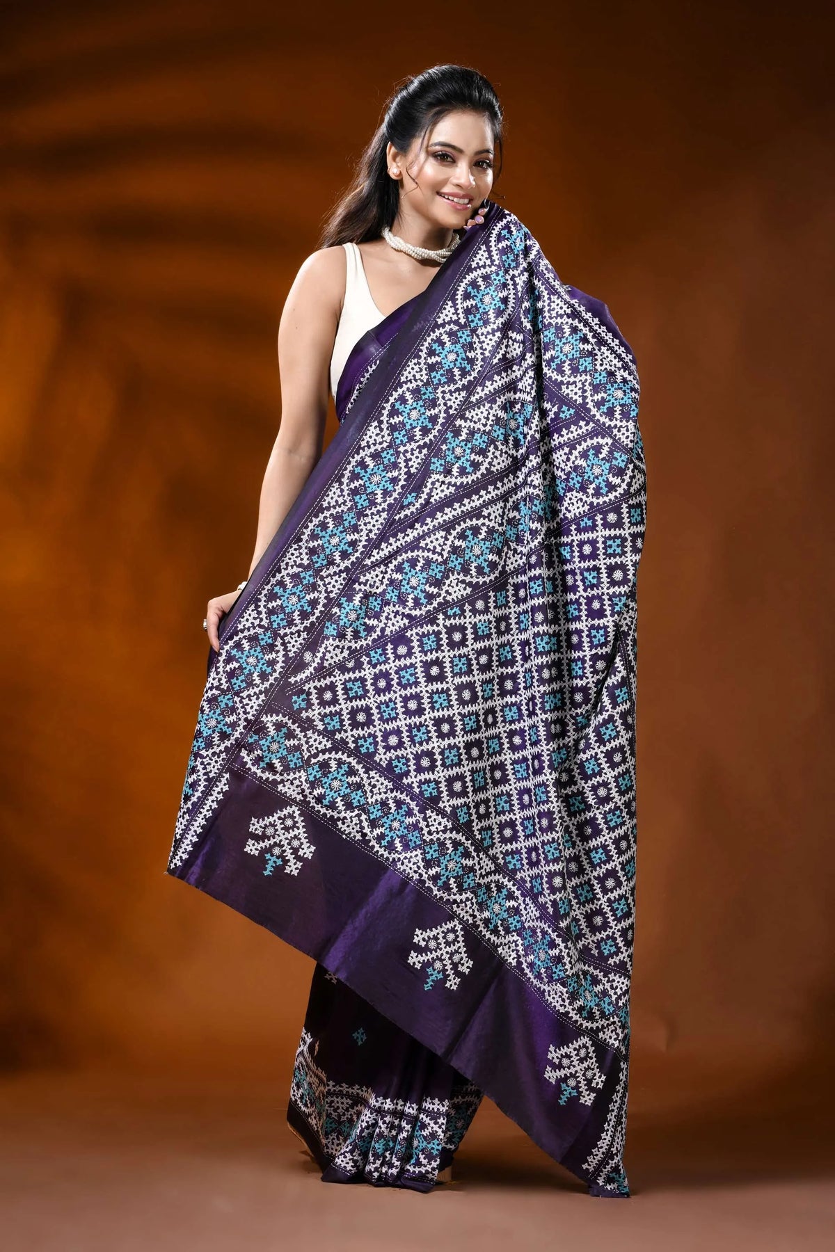 Handcrafted deep purple silk kutch work saree with aqua ethnic motif 6
