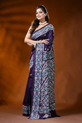 Handcrafted deep purple silk kutch work saree with aqua ethnic motif 3