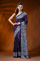 Handcrafted deep purple silk kutch work saree with aqua ethnic motif 7
