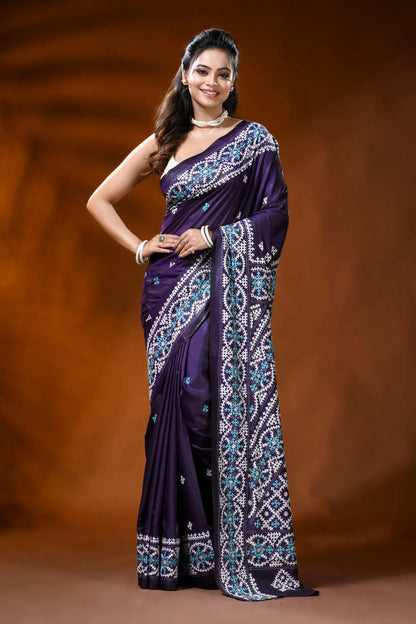 Handcrafted deep purple silk kutch work saree with aqua ethnic motif 7