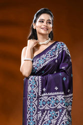 Handcrafted deep purple silk kutch work saree with aqua ethnic motif 2