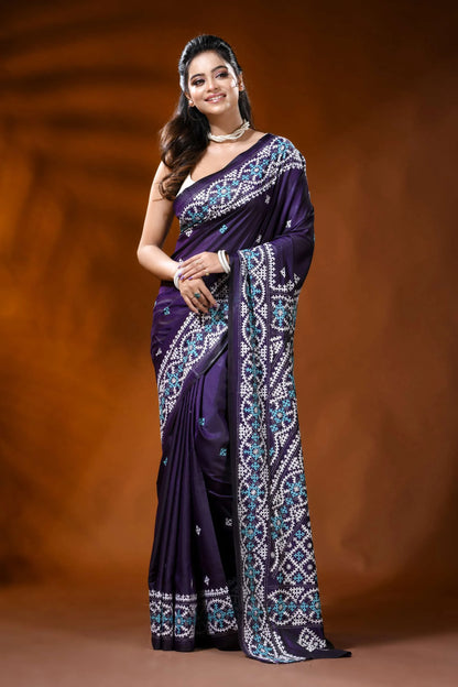 Handcrafted deep purple silk kutch work saree with aqua ethnic motif 1