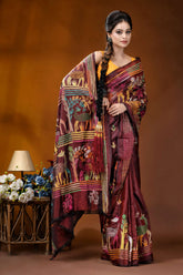 Handcrafted deer motif multi-thread silk kantha saree in persian plum rich maroon silk saree adorned 4