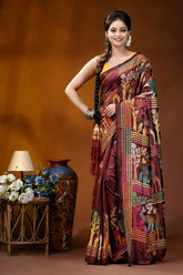 Handcrafted deer motif multi-thread silk kantha saree in persian plum maroon silk saree adorned intricate 1