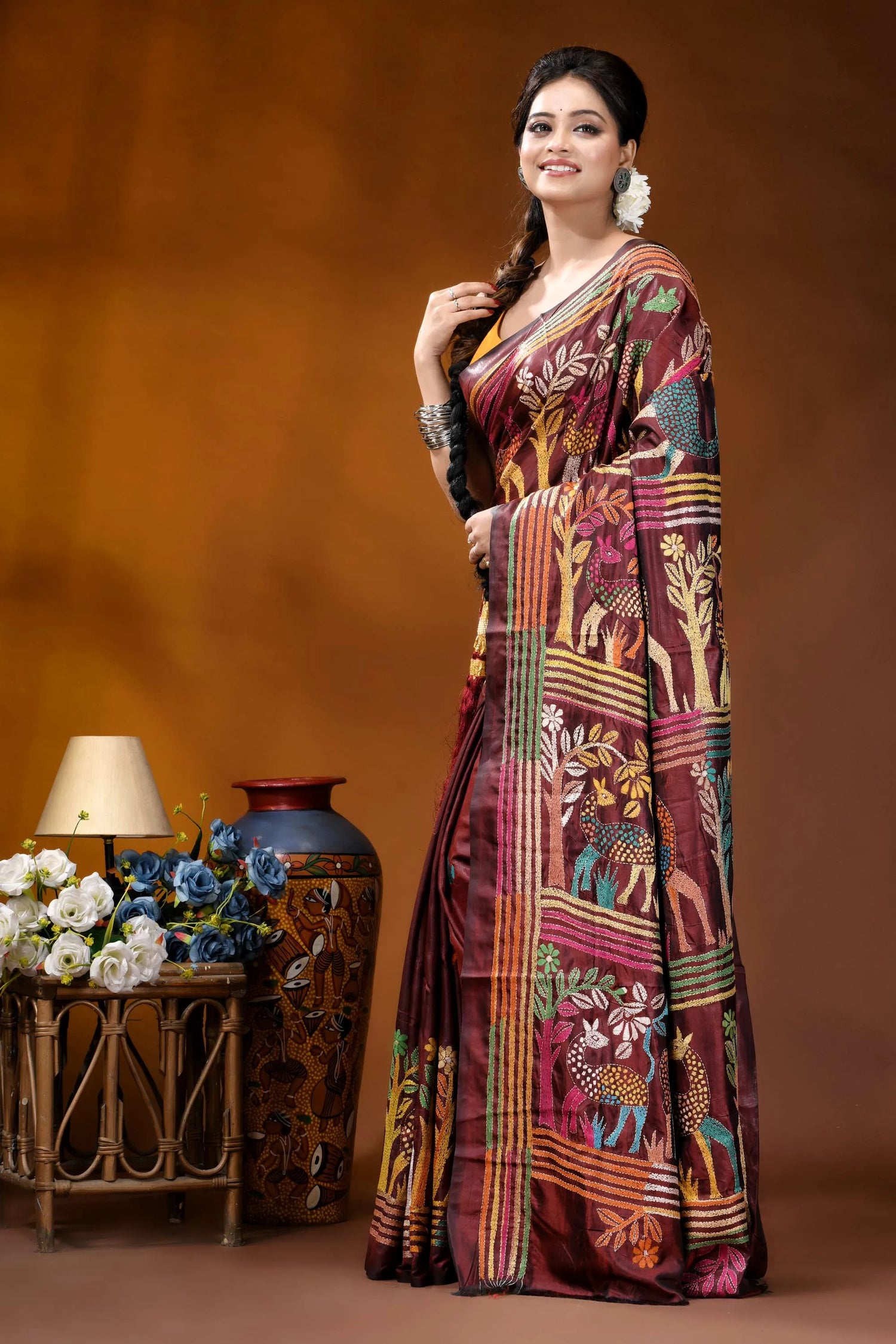 Handcrafted deer motif multi-thread silk kantha saree in persian plum maroon silk saree adorned intricate 3