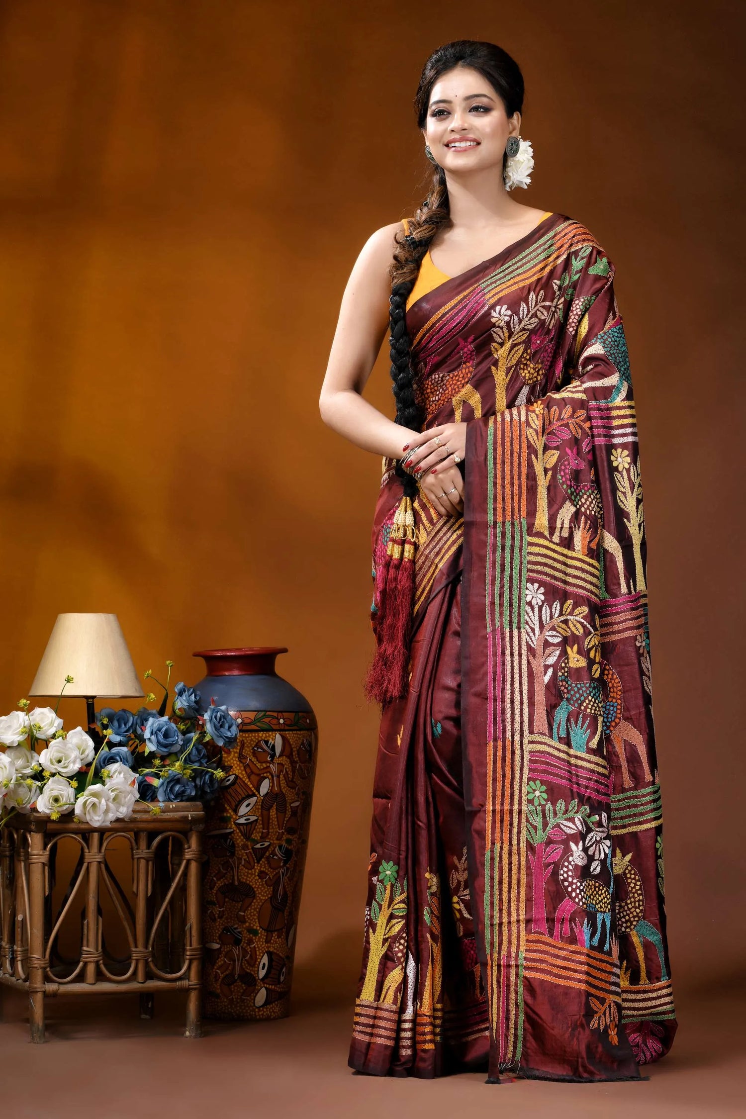 Handcrafted deer motif multi-thread silk kantha saree in persian plum maroon silk saree adorned intricate 6