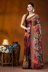Handcrafted deer motif multi-thread silk kantha saree in persian plum maroon silk saree adorned intricate 6