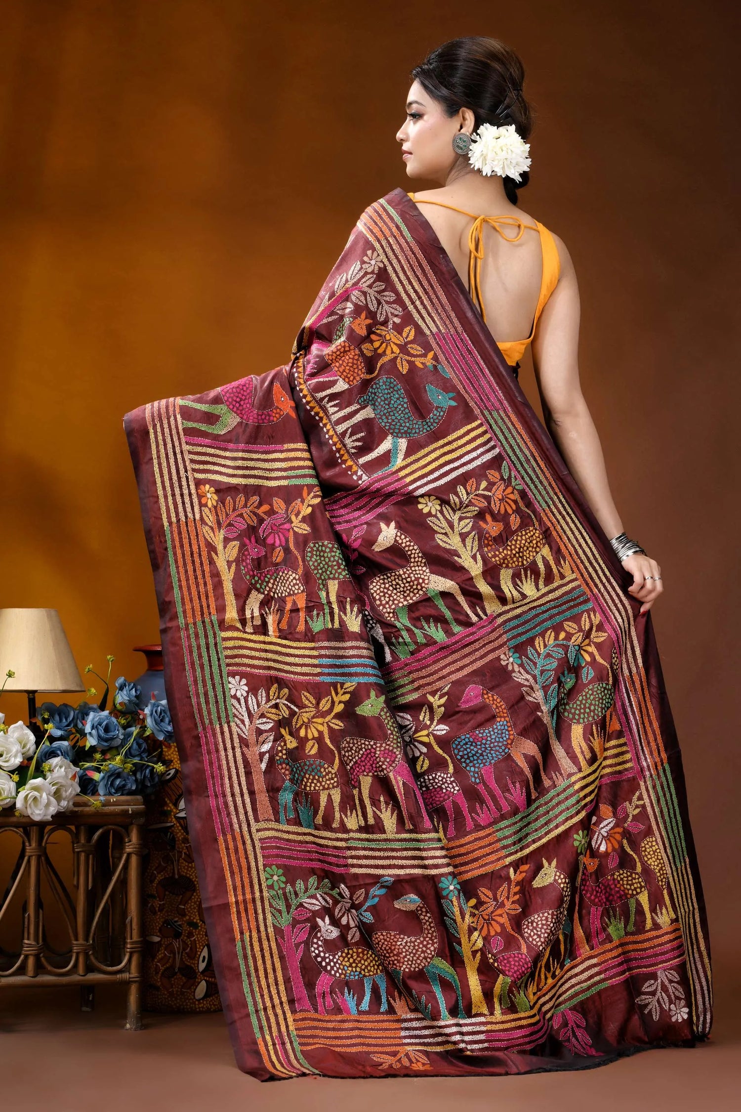 Handcrafted deer motif multi-thread silk kantha saree in persian plum maroon silk saree adorned intricate 5