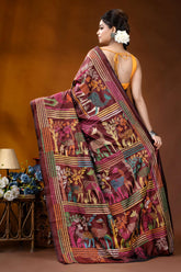 Handcrafted deer motif multi-thread silk kantha saree in persian plum maroon silk saree adorned intricate 5
