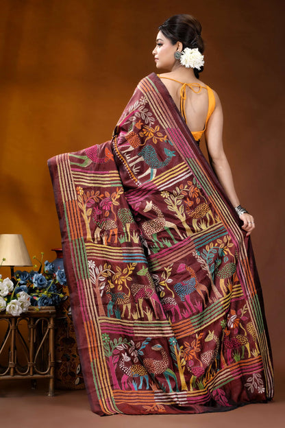 Handcrafted deer motif multi-thread silk kantha saree in persian plum maroon silk saree adorned intricate 5