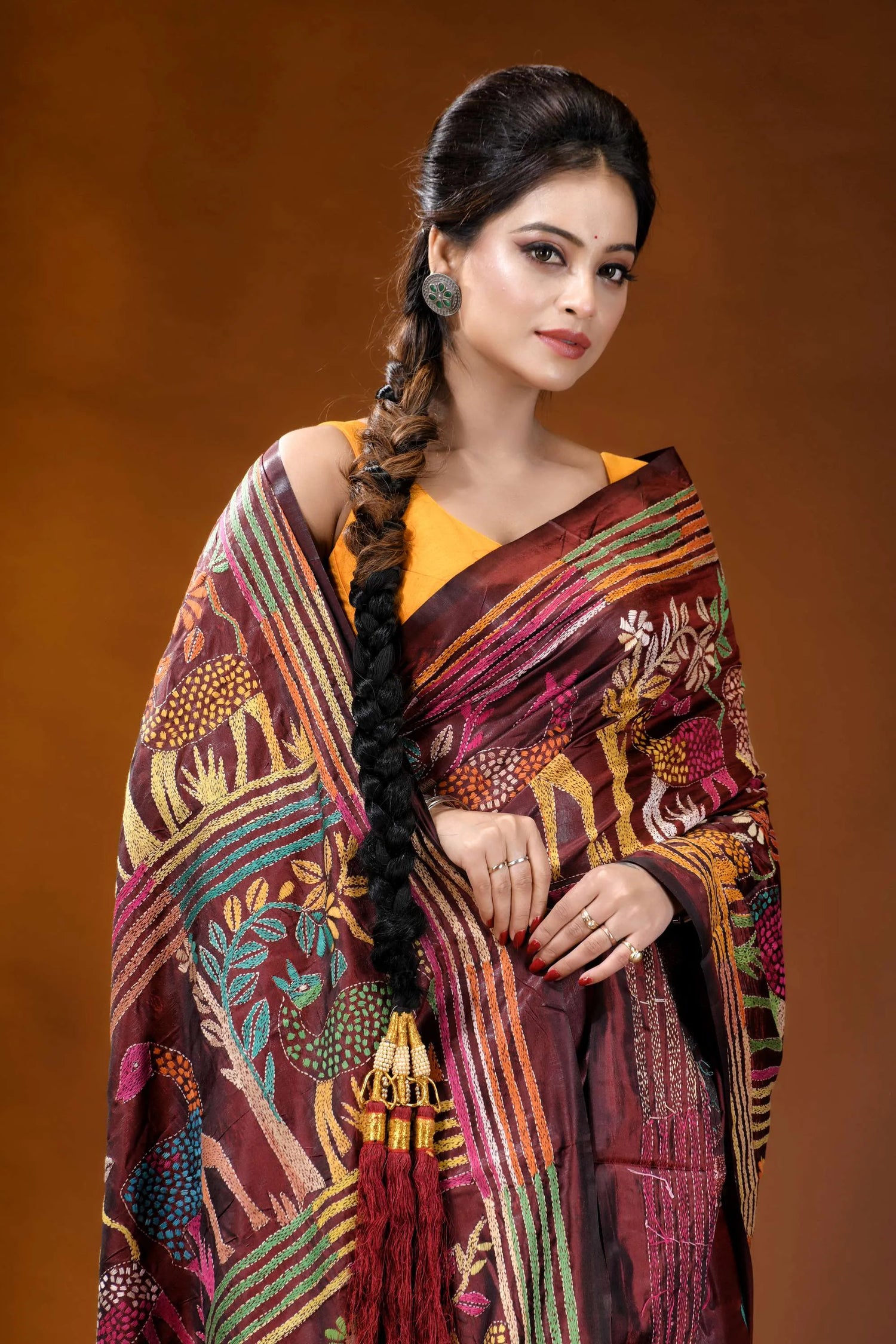 Handcrafted deer motif multi-thread silk kantha saree in persian plum maroon gold embroidered saree intricate 2