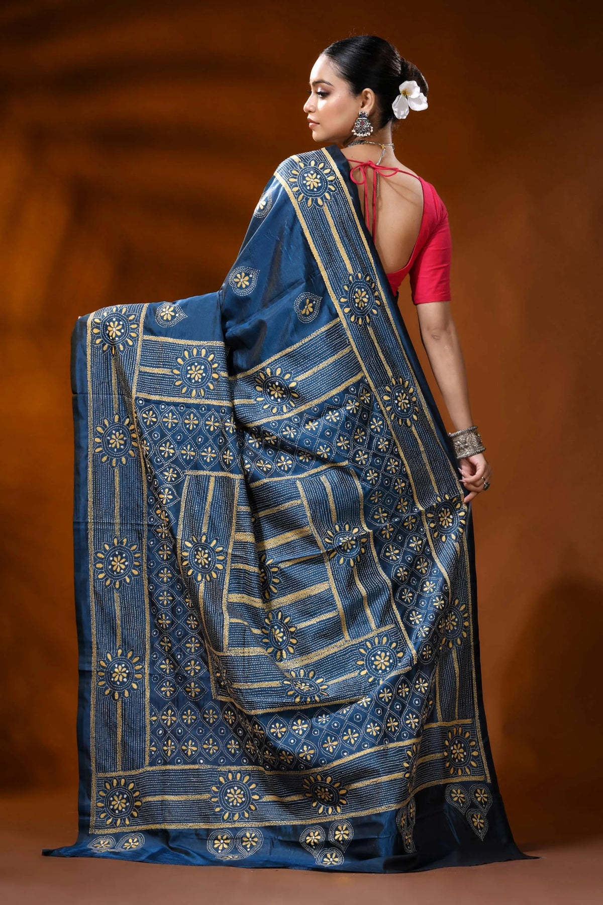 Handcrafted denim blue silk kantha work saree - geometric design 5