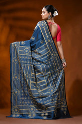 Handcrafted denim blue silk kantha work saree - geometric design 5