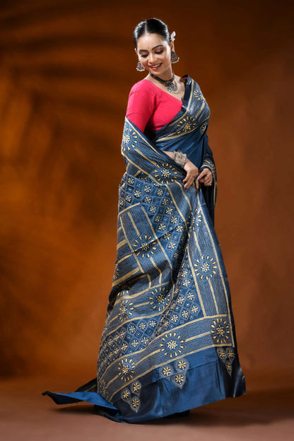Handcrafted denim blue silk kantha work saree - geometric design 4