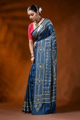 Handcrafted denim blue silk kantha work saree - geometric design 3