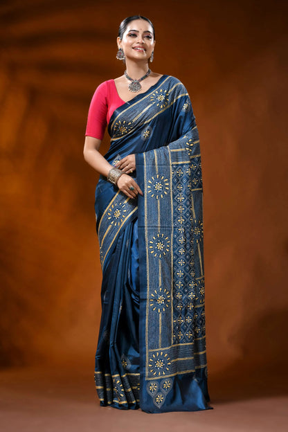 Handcrafted denim blue silk kantha work saree - geometric design 1