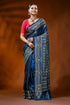 Handcrafted denim blue silk kantha work saree - geometric design 1