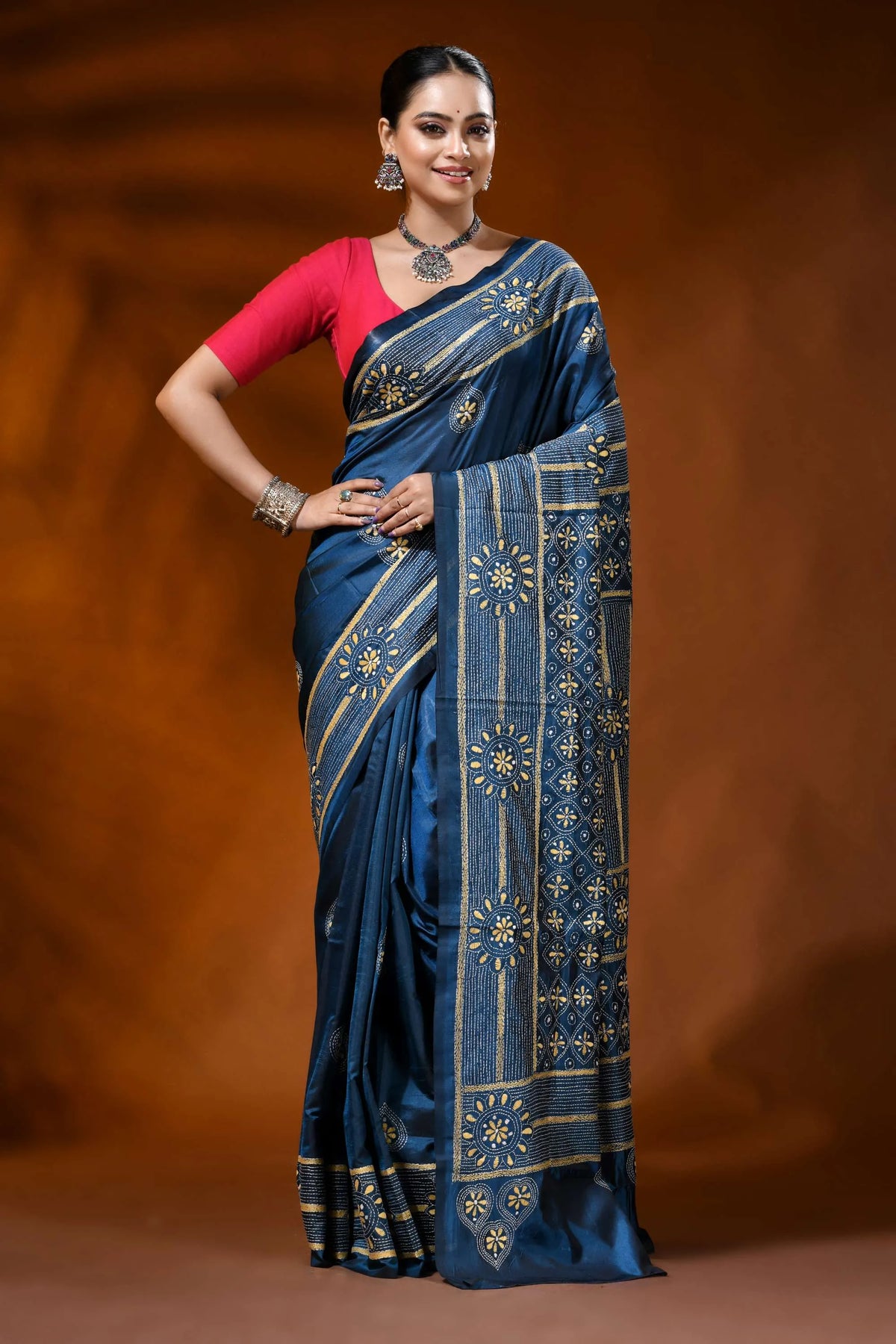 Handcrafted denim blue silk kantha work saree - geometric design 6